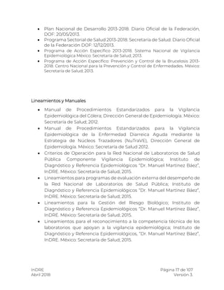 InDRE Página 17 de 107
Abril 2018 Versión 3.
 Plan Nacional de Desarrollo 2013-2018. Diario Oficial de la Federación,
DOF: 20/05/2013.
 Programa Sectorial de Salud 2013-2018. Secretaría de Salud. Diario Oficial
de la Federación DOF: 12/12/2013.
 Programa de Acción Específico 2013-2018. Sistema Nacional de Vigilancia
Epidemiológica México: Secretaría de Salud; 2013.
 Programa de Acción Específico: Prevención y Control de la Brucelosis 2013-
2018. Centro Nacional para la Prevención y Control de Enfermedades. México:
Secretaría de Salud; 2013.
Lineamientos y Manuales
 Manual de Procedimientos Estandarizados para la Vigilancia
Epidemiológica del Cólera; Dirección General de Epidemiología. México:
Secretaría de Salud; 2012.
 Manual de Procedimientos Estandarizados para la Vigilancia
Epidemiológica de la Enfermedad Diarreica Aguda mediante la
Estrategia de Núcleos Trazadores (NuTraVE), Dirección General de
Epidemiología. México: Secretaría de Salud 2012.
 Criterios de Operación para la Red Nacional de Laboratorios de Salud
Pública Componente Vigilancia Epidemiológica; Instituto de
Diagnóstico y Referencia Epidemiológicos “Dr. Manuel Martínez Báez”,
InDRE. México: Secretaría de Salud; 2015.
 Lineamientos para programas de evaluación externa del desempeño de
la Red Nacional de Laboratorios de Salud Pública; Instituto de
Diagnóstico y Referencia Epidemiológicos “Dr. Manuel Martínez Báez”,
InDRE. México: Secretaría de Salud; 2015.
 Lineamientos para la Gestión del Riesgo Biológico; Instituto de
Diagnóstico y Referencia Epidemiológicos “Dr. Manuel Martínez Báez”,
InDRE. México: Secretaría de Salud; 2015.
 Lineamientos para el reconocimiento a la competencia técnica de los
laboratorios que apoyan a la vigilancia epidemiológica; Instituto de
Diagnóstico y Referencia Epidemiológicos, “Dr. Manuel Martínez Báez”,
InDRE. México: Secretaría de Salud; 2015.
 
