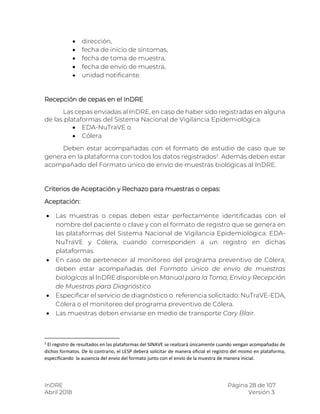InDRE Página 28 de 107
Abril 2018 Versión 3.
 dirección,
 fecha de inicio de síntomas,
 fecha de toma de muestra,
 fecha de envío de muestra,
 unidad notificante.
Recepción de cepas en el InDRE
Las cepas enviadas al InDRE, en caso de haber sido registradas en alguna
de las plataformas del Sistema Nacional de Vigilancia Epidemiológica:
 EDA-NuTraVE o
 Cólera
Deben estar acompañadas con el formato de estudio de caso que se
genera en la plataforma con todos los datos registrados2
. Además deben estar
acompañado del Formato único de envío de muestras biológicas al InDRE.
Criterios de Aceptación y Rechazo para muestras o cepas:
Aceptación:
 Las muestras o cepas deben estar perfectamente identificadas con el
nombre del paciente o clave y con el formato de registro que se genera en
las plataformas del Sistema Nacional de Vigilancia Epidemiológica: EDA-
NuTraVE y Cólera, cuando corresponden a un registro en dichas
plataformas.
 En caso de pertenecer al monitoreo del programa preventivo de Cólera,
deben estar acompañadas del Formato único de envío de muestras
biológicas al InDRE disponible en Manual para la Toma, Envío y Recepción
de Muestras para Diagnóstico
 Especificar el servicio de diagnóstico o referencia solicitado: NuTraVE-EDA,
Cólera o el monitoreo del programa preventivo de Cólera.
 Las muestras deben enviarse en medio de transporte Cary Blair.
2
El registro de resultados en las plataformas del SINAVE se realizará únicamente cuando vengan acompañadas de
dichos formatos. De lo contrario, el LESP deberá solicitar de manera oficial el registro del mismo en plataforma,
especificando la ausencia del envío del formato junto con el envío de la muestra de manera inicial.
 
