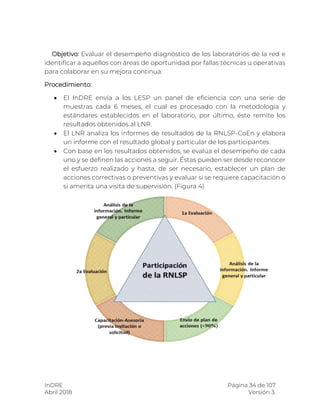 InDRE Página 34 de 107
Abril 2018 Versión 3.
Objetivo: Evaluar el desempeño diagnóstico de los laboratorios de la red e
identificar a aquellos con áreas de oportunidad por fallas técnicas u operativas
para colaborar en su mejora continua.
Procedimiento:
 El InDRE envía a los LESP un panel de eficiencia con una serie de
muestras cada 6 meses, el cual es procesado con la metodología y
estándares establecidos en el laboratorio, por último, éste remite los
resultados obtenidos al LNR.
 El LNR analiza los informes de resultados de la RNLSP-CoEn y elabora
un informe con el resultado global y particular de los participantes.
 Con base en los resultados obtenidos, se evalúa el desempeño de cada
uno y se definen las acciones a seguir. Éstas pueden ser desde reconocer
el esfuerzo realizado y hasta, de ser necesario, establecer un plan de
acciones correctivas o preventivas y evaluar si se requiere capacitación o
si amerita una visita de supervisión. (Figura 4)
 