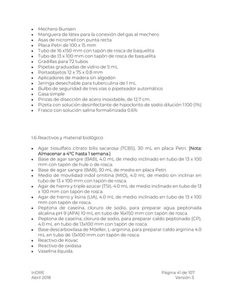 InDRE Página 41 de 107
Abril 2018 Versión 3.
 Mechero Bunsen
 Manguera de látex para la conexión del gas al mechero
 Asas de nicromel con punta recta
 Placa Petri de 100 x 15 mm
 Tubo de 16 x150 mm con tapón de rosca de baquelita
 Tubo de 13 x 100 mm con tapón de rosca de baquelita
 Gradillas para 72 tubos
 Pipetas graduadas de vidrio de 5 mL
 Portaobjetos 12 x 75 x 0.8 mm
 Aplicadores de madera sin algodón
 Jeringa desechable para tuberculina de 1 mL
 Bulbo de seguridad de tres vías o pipeteador automático
 Gasa simple
 Pinzas de disección de acero inoxidable, de 12.7 cm.
 Pizeta con solución desinfectante de hipoclorito de sodio dilución 1:100 (1%)
 Frasco con solución salina formalinizada 0.6%
1.6.Reactivos y material biológico
 Agar tiosulfato citrato bilis sacarosa (TCBS), 30 mL en placa Petri. (Nota:
Almacenar a 4°C hasta 1 semana.)
 Base de agar sangre (BAB), 4.0 mL de medio inclinado en tubo de 13 x 100
mm con tapón de hule o de rosca.
 Base de agar sangre (BAB), 30 mL de medio en placa Petri.
 Medio de movilidad indol ornitina (MIO), 4.0 mL de medio sin inclinar en
tubo de 13 x 100 mm con tapón de rosca.
 Agar de hierro y triple azúcar (TSI), 4.0 mL de medio inclinado en tubo de 13
x 100 mm con tapón de rosca.
 Agar de hierro y lisina (LIA), 4.0 mL de medio inclinado en tubo de 13 x 100
mm con tapón de rosca.
 Peptona de caseína, cloruro de sodio, para preparar agua peptonada
alcalina pH 9 (APA) 10 mL en tubo de 16x150 mm con tapón de rosca.
 Peptona de caseína, cloruro de sodio, para preparar caldo peptonado (CP),
4.0 mL en tubo de 13x100 mm con tapón de rosca.
 Base descarboxilasa de Möeller, L-arginina, para preparar caldo arginina 4.0
mL en tubo de 13x100 mm con tapón de rosca.
 Reactivo de Kovac
 Reactivo de oxidasa
 Vaselina líquida.
 