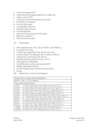 InDRE Página 45 de 107
Abril 2018 Versión 3.
 Termociclador-PCR
 Gabinete de bioseguridad tipo II clase 2A
 Cabina para PCR
 Cámara de electroforesis horizontal
 Fotodocumentador
 Fuente de poder
 Congelador vertical
 Refrigerador vertical
 Termoagitador
 Sistema de purificación de agua
 Balanza analítica
 Aire acondicionado
2.5. Materiales
 Micropipetas de: 1-10, 2-20, 20-200 y 100-1000 µL
 Guantes de nitrilo
 Tubos tipo eppendorf de: 0.2, 0.5 y 1.5 mL
 Puntas para micropipeta de: 10, 200 y 1000 µL
 Tubos para centrífuga de: 50 mL
 Pipetas desechables de 5.0 y 10 mL
 Marcadores indelebles
 Gradillas para tubos tipo eppendorf
 Bolsas de polipropileno
 Contenedores para desecho de puntas
 Gasas
2.6. Reactivos y material biológico
Reactivos y materiales biológicos
dNTP´s (A, T, C, G) 100µM
Taq polimerasa 5U/µL
CTX2 5’ CGG GCA GAT TCT AGA CCT CCT G 3’ (1,2)
CTX3 5’ CGA TGA TCT TGG AGC ATT CCC AC 3’ (1,2)
CTX7 5’ GGT TGC TTC TCA TCA TCG AAC CAC 3' (5)
CTX9 5’ GAT ACA CAT AAT AGA ATT AAG GAT 3' (5)
ACE1 5´-TAA GGA TGT GCT TAT GAT GGA CAC CC 3´ (1)
ACE2 5´-CGT GAT GAA TAA AGA TAC TCA TAG-3’(1)
ZOT1 5’ TGG CTT CGT CTG CTG CCG GCG ATT 3' (1,4)
ZOT2 5’ CAC TTC TAC CGA CAG CGC TTG CG 3' (1,4)
1-39Vc 5’ GCG TTA TAG GTA TCA TCA AGA GA 3’ (3)
2-39Vc 5’ GTC ATT ATT AAA ACT GCT CCA TT 3’ (3)
 
