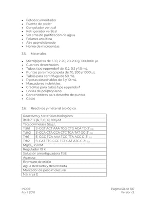 InDRE Página 50 de 107
Abril 2018 Versión 3.
 Fotodocumentador
 Fuente de poder
 Congelador vertical
 Refrigerador vertical
 Sistema de purificación de agua
 Balanza analítica
 Aire acondicionado
 Horno de microondas
3.5. Materiales
 Micropipetas de: 1-10, 2-20, 20-200 y 100-1000 µL
 Guantes desechables
 Tubos tipo eppendorf de: 0.2, 0.5 y 1.5 mL
 Puntas para micropipeta de: 10, 200 y 1000 µL
 Tubos para centrífuga de 50 mL
 Pipetas desechables de 5 y 10 mL
 Marcadores indelebles
 Gradillas para tubos tipo eppendorf
 Bolsas de polipropileno
 Contenedores para desecho de puntas
 Gasas
3.6. Reactivos y material biológico
Reactivos y Materiales biológicos
dNTP´s (A, T, C, G) 100µM
Taq polimerasa 5U/µL
Tdh1 5'-GGT ACT AAA TGG CTG ACA TC-3' (1,2)
Tdh2 5'-CCA CTA CCA CTC TCA TAT GC-3' (1,2)
Trh1 5'-GGC TCA AAA TGG TTA AGC G-3' (1,2)
Trh2 5'-CAT TTC CGC TCT CAT ATG C-3' (1,2)
MgCl2, 25mM
Regulador 10 X
Solución amortiguadora TBE
Agarosa
Bromuro de etidio
Agua destilada y desionizada
Marcador de peso molecular
Naranja G
 