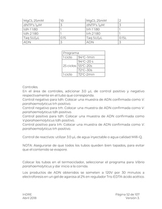 InDRE Página 52 de 107
Abril 2018 Versión 3.
MgCl2 25mM 10 MgCl2 25mM 2
dNTP’s 1µM 3 dNTP’s 1µM 3
tdh 1 1:80 1 trh 1 1:80 1
tdh 2 1:80 1 trh 2 1:80 1
Taq 5U/µL 0.15 Taq 5U/µL 0.15L
ADN 3 ADN 3
Programa
1 ciclo 94o
C–1min
25 ciclos
94o
C–20 s
55o
C–20s
72o
C–30s
1 ciclo 72o
C-2min
Controles
En el área de controles, adicionar 3.0 µL de control positivo y negativo
respectivamente en el tubo que corresponda.
Control negativo para tdh: Colocar una muestra de ADN confirmada como V.
parahaemolyticus trh positivo.
Control negativo para trh: Colocar una muestra de ADN confirmada como V.
parahaemolyticus tdh positivo.
Control positivo para tdh: Colocar una muestra de ADN confirmada como
V.parahaemolyticus tdh positivo.
Control positivo para trh: Colocar una muestra de ADN confirmada como V.
parahaemolyticus trh positivo.
Control de reactivos: utilizar 3.0 µL de agua inyectable o agua calidad Milli-Q.
NOTA: Asegurarse de que todos los tubos queden bien tapados, para evitar
que el contenido se evapore.
Colocar los tubos en el termociclador, seleccionar el programa para Vibrio
parahaemolyticus y dar inicio a la corrida.
Los productos de ADN obtenidos se someten a 120V por 30 minutos a
electroforesis en un gel de agarosa al 2% en regulador Tris-EDTA-ácido acético.
 