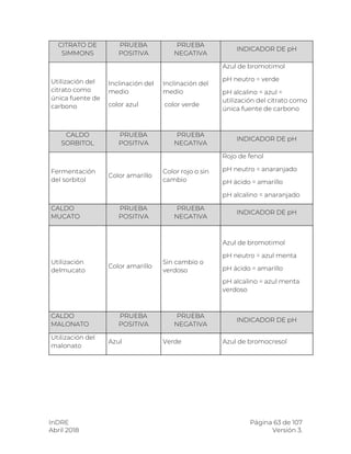 InDRE Página 63 de 107
Abril 2018 Versión 3.
CITRATO DE
SIMMONS
PRUEBA
POSITIVA
PRUEBA
NEGATIVA
INDICADOR DE pH
Utilización del
citrato como
única fuente de
carbono
Inclinación del
medio
color azul
Inclinación del
medio
color verde
Azul de bromotimol
pH neutro = verde
pH alcalino = azul =
utilización del citrato como
única fuente de carbono
CALDO
SORBITOL
PRUEBA
POSITIVA
PRUEBA
NEGATIVA
INDICADOR DE pH
Fermentación
del sorbitol
Color amarillo
Color rojo o sin
cambio
Rojo de fenol
pH neutro = anaranjado
pH ácido = amarillo
pH alcalino = anaranjado
CALDO
MUCATO
PRUEBA
POSITIVA
PRUEBA
NEGATIVA
INDICADOR DE pH
Utilización
delmucato
Color amarillo
Sin cambio o
verdoso
Azul de bromotimol
pH neutro = azul menta
pH ácido = amarillo
pH alcalino = azul menta
verdoso
CALDO
MALONATO
PRUEBA
POSITIVA
PRUEBA
NEGATIVA
INDICADOR DE pH
Utilización del
malonato
Azul Verde Azul de bromocresol
 