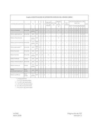 InDRE Página 64 de 107
Abril 2018 Versión 3.
Cuadro 2.IDENTIFICACIÓN DE DIFERENTES ESPECIES DEL GÉNERO VIBRIO
MICROORGANISMO COLONIA TSI LIA M I O
CALDO
PEPTO
NADO
ARGINI
NA
ROJO
DE
METIL
O
V.P
OXI-
DASA
CALDO NUTRITIVO CON
NaCl (%)
GAS
0 1 3 6 8 10 12
Vibrio cholerae Amarilla
A
(K)/A
K/K + + + + - +/- + + + + + V - - - -
Vibrio alginolyticus Amarilla A/A K/K + +/- V + - + +/- + - + + + + +/- -/+ -
Vibrio charchariae
A
(K)/A
K/K - + - + - V + + - + + + - - - -
Vibrio cincinnatiensis Amarilla
A
(K)/A
K/K
(A)
+ - - + - + + + - + + + +/- - - -
Vibrio damsella ** Amarilla K/A
K/K
(A)
-/+ - - + + + + + - + + + - - - -
Vibrio fluvialis Amarilla A/A K/A + -/+ - + + - + + - + + + +/- - - -
Vibrio furnissi Amarilla
A
(K)/A
K/A + -/+ - -/+ + - + + - + + + +/- - - +
Vibrio hollisae Verde K/A K/A - + - + - - - + - + + + - - - -
Vibrio metschnikovii Amarilla A/A K/A + -/+ - + +/- + + - - + + + V - - -
Vibrio mimicus Verde
A
(K)/A
K/K + + + + - - + + + + + V - - - -
Vibrio
parahaemolyticus *
Azul-
verde
K/A K/K + + + + - - + + - + + + + - - -
Vibrio vulnificus
Azul-
verde
A
(K)/A
K/K + + V + - - + + - + + +/- - - - -
* : Ureasa positivo
- : 0 a 10 % de positividad
-/+ : 11 a 39 % de positividad
V : 40 a 60 % de positividad
+/- : 61 a 90 % de positividad
+ : 91 a 100 % de positividad
 