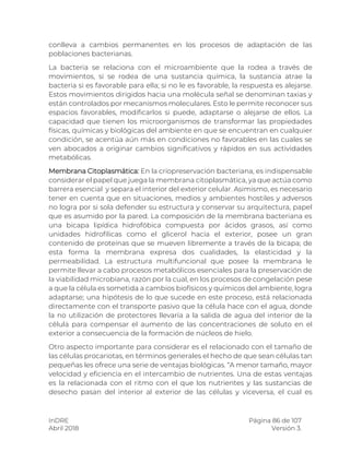 InDRE Página 86 de 107
Abril 2018 Versión 3.
conlleva a cambios permanentes en los procesos de adaptación de las
poblaciones bacterianas.
La bacteria se relaciona con el microambiente que la rodea a través de
movimientos, si se rodea de una sustancia química, la sustancia atrae la
bacteria si es favorable para ella; si no le es favorable, la respuesta es alejarse.
Estos movimientos dirigidos hacia una molécula señal se denominan taxias y
están controlados por mecanismos moleculares. Esto le permite reconocer sus
espacios favorables, modificarlos si puede, adaptarse o alejarse de ellos. La
capacidad que tienen los microorganismos de transformar las propiedades
físicas, químicas y biológicas del ambiente en que se encuentran en cualquier
condición, se acentúa aún más en condiciones no favorables en las cuales se
ven abocados a originar cambios significativos y rápidos en sus actividades
metabólicas.
Membrana Citoplasmática: En la criopreservación bacteriana, es indispensable
considerar el papel que juega la membrana citoplasmática, ya que actúa como
barrera esencial y separa el interior del exterior celular. Asimismo, es necesario
tener en cuenta que en situaciones, medios y ambientes hostiles y adversos
no logra por si sola defender su estructura y conservar su arquitectura, papel
que es asumido por la pared. La composición de la membrana bacteriana es
una bicapa lipídica hidrofóbica compuesta por ácidos grasos, así como
unidades hidrofílicas como el glicerol hacia el exterior, posee un gran
contenido de proteínas que se mueven libremente a través de la bicapa; de
esta forma la membrana expresa dos cualidades, la elasticidad y la
permeabilidad. La estructura multifuncional que posee la membrana le
permite llevar a cabo procesos metabólicos esenciales para la preservación de
la viabilidad microbiana, razón por la cual, en los procesos de congelación pese
a que la célula es sometida a cambios biofísicos y químicos del ambiente, logra
adaptarse; una hipótesis de lo que sucede en este proceso, está relacionada
directamente con el transporte pasivo que la célula hace con el agua, donde
la no utilización de protectores llevaría a la salida de agua del interior de la
célula para compensar el aumento de las concentraciones de soluto en el
exterior a consecuencia de la formación de núcleos de hielo.
Otro aspecto importante para considerar es el relacionado con el tamaño de
las células procariotas, en términos generales el hecho de que sean células tan
pequeñas les ofrece una serie de ventajas biológicas. “A menor tamaño, mayor
velocidad y eficiencia en el intercambio de nutrientes. Una de estas ventajas
es la relacionada con el ritmo con el que los nutrientes y las sustancias de
desecho pasan del interior al exterior de las células y viceversa, el cual es
 