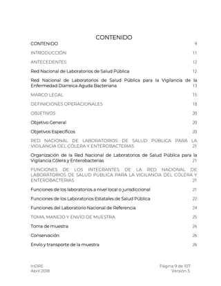 InDRE Página 9 de 107
Abril 2018 Versión 3.
CONTENIDO
CONTENIDO 9
INTRODUCCIÓN 11
ANTECEDENTES 12
Red Nacional de Laboratorios de Salud Pública 12
Red Nacional de Laboratorios de Salud Pública para la Vigilancia de la
Enfermedad Diarreica Aguda Bacteriana 13
MARCO LEGAL 15
DEFINICIONES OPERACIONALES 18
OBJETIVOS 20
Objetivo General 20
Objetivos Específicos 20
RED NACIONAL DE LABORATORIOS DE SALUD PÚBLICA PARA LA
VIGILANCIA DEL CÓLERA Y ENTEROBACTERIAS 21
Organización de la Red Nacional de Laboratorios de Salud Pública para la
Vigilancia Cólera y Enterobacterias 21
FUNCIONES DE LOS INTEGRANTES DE LA RED NACIONAL DE
LABORATORIOS DE SALUD PÚBLICA PARA LA VIGILANCIA DEL CÓLERA Y
ENTEROBACTERIAS 21
Funciones de los laboratorios a nivel local o jurisdiccional 21
Funciones de los Laboratorios Estatales de Salud Pública 22
Funciones del Laboratorio Nacional de Referencia 24
TOMA, MANEJO Y ENVÍO DE MUESTRA 25
Toma de muestra 26
Conservación 26
Envío y transporte de la muestra 26
 