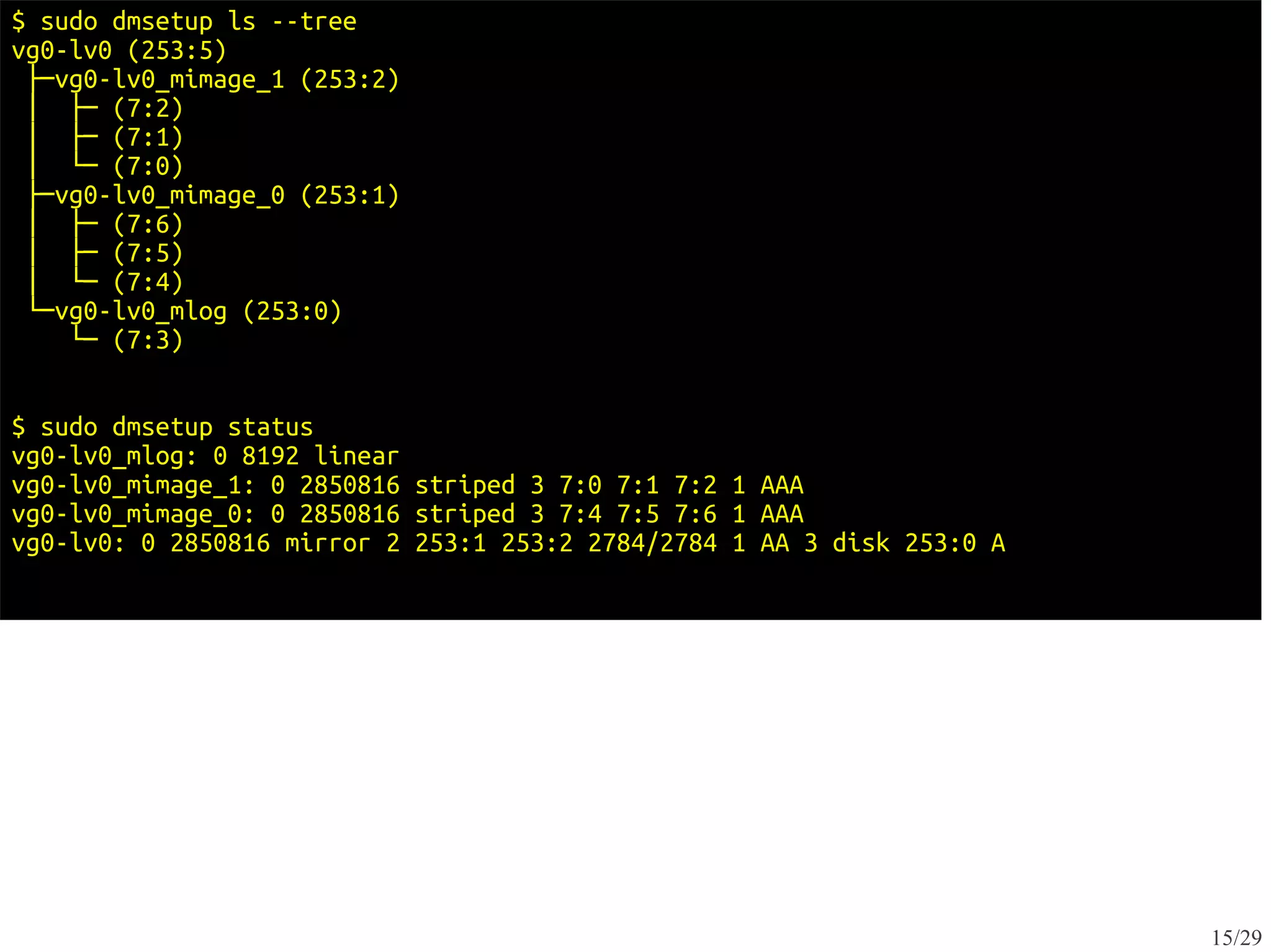 $ sudo dmsetup ls --tree
vg0-lv0 (253:5)
 ├─vg0-lv0_mimage_1 (253:2)
 │ ├─ (7:2)
 │ ├─ (7:1)
 │ └─ (7:0)
 ├─vg0-lv0_mimage_0 (253:1)
 │ ├─ (7:6)
 │ ├─ (7:5)
 │ └─ (7:4)
 └─vg0-lv0_mlog (253:0)
    └─ (7:3)


$ sudo dmsetup status
vg0-lv0_mlog: 0 8192 linear
vg0-lv0_mimage_1: 0 2850816 striped 3 7:0 7:1 7:2 1 AAA
vg0-lv0_mimage_0: 0 2850816 striped 3 7:4 7:5 7:6 1 AAA
vg0-lv0: 0 2850816 mirror 2 253:1 253:2 2784/2784 1 AA 3 disk 253:0 A




                                                                        15/29
 