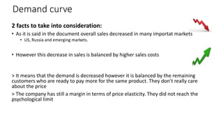 Demand curve
2 facts to take into consideration:
• As it is said in the document overall sales decreased in many importat markets
• US, Russia and emerging markets.
• However this decrease in sales is balanced by higher sales costs
> It means that the demand is decreased however it is balanced by the remaining
customers who are ready to pay more for the same product. They don't really care
about the price
> The company has still a margin in terms of price elasticity. They did not reach the
psychological limit
 