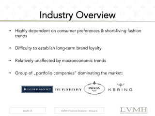 •  Highly dependent on consumer preferences & short-living fashion
trends
•  Difficulty to establish long-term brand loyalty
•  Relatively unaffected by macroeconomic trends
•  Group of „portfolio companies“ dominating the market:
	
  
Industry Overview
10.09.15	
   LMVH	
  Financial	
  Analysis	
  –	
  Group	
  C	
  
 