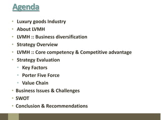 Agenda Luxury goods IndustryAbout LVMHLVMH :: Business diversification Strategy OverviewLVMH :: Core competency & Competitive advantageStrategy EvaluationKey FactorsPorter Five ForceValue ChainBusiness Issues & ChallengesSWOT Conclusion & Recommendations