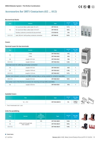 Box terminal blocks
Size Version Type
Unit LP
R
Std. pkg.
(nos.)
S6
For round and ribbon cables (Upto 70 mm2) 3RT1955-4G 1315.- 1
For round and ribbon cables (Upto 120 mm2) 3RT1956-4G 1855.- 1
Auxiliary conductor connection for box terminals 3TX7500-0A 745.- 1
S10 / S12 Upto 240 mm2 with auxiliary conductor connection 3RT1966-4G 5255.- 1
Covers
Terminal covers for box terminals
Size Version Type
Unit LP
R
Std. pkg.
(nos.)
S3
3 Pole 3RT1946-4EA2 450.- 1
4 Pole 3RT1946-4EA4 450.- 1
S6 Length of 25 mm 3RT1956-4EA2 700.- 1
S10 / S12 Length of 30 mm 3RT1966-4EA2 1230.- 1
Terminal covers for cable lugs and busbar connection
S3 Length of 55 mm 3RT1946-4EA1 620.- 1
S6 Length of 100 mm 3RT1956-4EA1 1195.- 1
S10 / S12 Length of 120 mm 3RT1966-4EA1 1575.- 1
Busbar cover between contactor and 3RB2 overload relay or wiring module for contactor assemblies
S10 / S12 Length of 42 mm 3RT1966-4EA3 1055.- 1
For busbar cover of the flat line connectors for reversing and wye-delta assemblies
S6 Length of 38 mm 3RT1956-4EA4 970.- 1
Sealable Covers
Size Type
Unit LP
R
Std. pkg.
(nos.)
S2 … S12 3RT1926-4MA10 70.-
1 pack =
5 units
*	 The LP mentioned is for 1 unit
Links for paralleling
Size Version
Max.
Conductor
cross-sections
mm2
Type
Unit LP
R
Std. pkg.
(nos.)
S3
3-Pole with through hole
(Star Jumpers)
185 3RT1946-4BB31 1920.- 1
S6 – 3RT1956-4BA31 1055.- 1
S10 / S12 – 3RT1966-4BA31 1395.- 1
Accessories for 3RT1 Contactors (S2 … S12)
n	 Stock items
NSB0_01471
LP - List Price	 Siemens Ltd. LV SGR - Motor Control Products Price List Eff. 01.10.2016  19
SIRIUS Modular System - The Perfect Combination UL®
 
