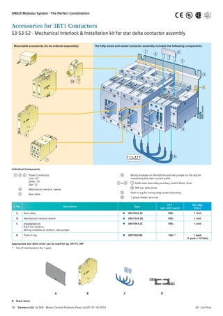 Accessories for 3RT1 Contactors
S3-S3-S2 - Mechanical Interlock  Installation kit for star delta contactor assembly
NSB0_00467d
8
2
1
3
6
7
6
5
4
9
10
Mountable accessories (to be ordered separately): The fully wired and tested contactor assembly includes the following components:
Individual Components
	 1 2 3 	 Power Contactors:
Line : S3
Delta : S3
Star: S2
	 4 	 Mechanical interlock, lateral
	 5 	 Base plate
	 6 	 Wiring modules on the bottom and star jumper on the top for
connecting the main current paths
	 7 or 8 	 7 	 Solid-state time-delay auxiliary switch block, front
		 8 	 3RP star delta timer
	 9 	 Push-in lug for timing relay screw mounting
	 10	 1-phase feeder terminal
S. No. Description Type
LP R
(per unit / pack)
Std. pkg.
(nos.)
A Base plate  3RA1942-2E 590.- 1 Unit
B Mechanical interlock lateral  3RA1924-2B 590.- 1 Unit
C Installation Kit
Each kit contains:
Wiring modules on bottom, Star jumper
 3RA1943-2C 590.- 1 Unit
D Push-in lug  3RP1903-8K 160.-* 1 pack
(1 pack = 10 Sets)
Appropriate star delta timer can be used for eg. 3RT19, 3RP
*	 The LP mentioned is for 1 pack
n	 Stock items
A B C D
SIRIUS Modular System - The Perfect Combination
30  Siemens Ltd. LV SGR - Motor Control Products Price List Eff. 01.10.2016	 LP - List Price
UL®
 