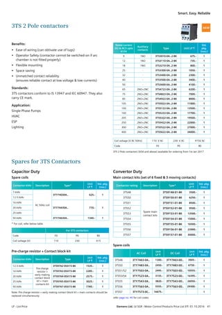 Benefits:
•	 Ease of wiring (can obtivate use of lugs)
•	 Operator Safety (contactor cannot be switched-on if arc
chamber is not fitted properly)
•	 Flexible mounting
•	 Space saving
•	 Unmatched contact reliability
(ensures reliable contact at low voltage  low currents)
Standards:
3TS contactors conform to IS 13947 and IEC 60947. They also
carry CE mark.
Application:
Single Phase Pumps
HVAC
ESP
Lighting
3TS 2 Pole contactors
Rated current
(A) Ie AC3 upto
415V
Auxiliary
contacts
Type Unit LP R
Std.
pkg.
(nos.)
9 1NO 3TS3010-0A..2-8K 675.- 1
12 1NO 3TS3110-0A..2-8K 735.- 1
18 1NO 3TS3210-0A..2-8K 800.- 1
25 - 3TS3300-0A..2-8K 1050.- 1
32 - 3TS3400-0A..2-8K 2300.- 1
40 - 3TS3500-0A..2-8K 3400.- 1
50 - 3TS3600-0A..2-8K 4100.- 1
65 2NO+2NC 3TS4722-0A..2-8K 6200.- 1
75 2NO+2NC 3TS4822-0A..2-8K 7000.- 1
85 2NO+2NC 3TS4922-0A..2-8K 8000.- 1
105 2NO+2NC 3TS5022-0A..2-8K 11000.- 1
140 2NO+2NC 3TS5122-0A..2-8K 13500.- 1
160 2NO+2NC 3TS5222-0A..2-8K 17700.- 1
205 2NO+2NC 3TS5322-0A..2-8K 19500.- 1
250 2NO+2NC 3TS5422-0A..2-8K 22000.- 1
300 2NO+2NC 3TS5522-0A..2-8K 27000.- 1
400 2NO+2NC 3TS5622-0A..2-8K 34000.- 1
Coil voltage (V AC 50Hz) 110 V AC 230 V AC 415V AC
Code F0 P0 R0
3TS 2 Pole contactors (65A and above) available for ordering from 1st Jan 2017
Spares for 3TS Contactors
Capacitor Duty
Spare coils
Contactor kVAr Description Type*
Unit
LP R
Std. pkg.
(nos.)
7 kVAr
AC 50Hz coil
3TY74030A.. 625.- 1
12.5 kVAr
16 kVAr
3TY74430A.. 770.- 120 kVAr
25 kVAr
50 kVAr 3TY74630A.. 1340.- 1
* For coil, refer below table
For 3TS contactors
Code F0 P0 R0
Coil voltage (V) 110 230 415
Pre-charge resistor + Contact block kit
Contactor kVAr Description Type
Unit
LP R
Std. pkg.
(nos.)
12.5 kVAr
Pre-charge
resistor +
early making
contact block
kit + main
contacts kit
3TS9762-0SX15-8K 1535.- 1
16 kVAr 3TS9763-0SX15-8K 2285.- 1
20 kVAr 3TS9764-0SX15-8K 2575.- 1
25 kVAr 3TS9765-0SX15-8K 3025.- 1
50 kVAr 3TS9767-0SX15-8K 7785.- 1
Note: Pre-charge resistor + early making contact block kit + main contacts should be
replaced simultaneously
Convertor Duty
Main contact kits (set of 6 fixed  3 moving contacts)
Contactor rating Description Type*
Unit
LP R
Std. pkg.
(nos.)
3TS48
Spare main
contact kits
3TS9148-01-8K 3500.- 1
3TS50 3TS9150-01-8K 6250.- 1
3TS51 3TS9151-01-8K 8500.- 1
3TS52 3TS9152-01-8K 9500.- 1
3TS53 3TS9153-01-8K 13500.- 1
3TS54 3TS9154-01-8K 15000.- 1
3TS55 3TS9155-01-8K 16500.- 1
3TS56 3TS9156-01-8K 22000.- 1
3TS57 3TS9157-01-8K 30000.- 1
Spare coils
AC Coil
Unit
LP R
DC Coil
Unit
LP R
NEW
LP - List Price	 Siemens Ltd. LV SGR - Motor Control Products Price List Eff. 01.10.2016  41
Siemens switchgear. Tried, tested, trusted.Smart. Easy. Reliable
Std. pkg.
(nos.)
3TS48 3TY7463-0A.. 1340.- 3TY7463-0D.. 3945.- 1
3TS50 3TY7483-0A.. 2450.- 3TY7483-0D.. 6750.- 1
3TS51/52 3TY7503-0A.. 2495.- 3TY7503-0D.. 10555.- 1
3TS53/54 3TY7523-0A.. 3155.- 3TY7523-0D.. 16395.- 1
3TS55 3TY7543-0A.. 3820.- 3TY7543-0D.. 26050.- 1
3TS56 3TY7563-0A.. 5555.- 3TY7563-0D.. 29300.- 1
3TS57 3TY7573-0C.. 16675.- 1
refer page no. 40 for coil codes
 