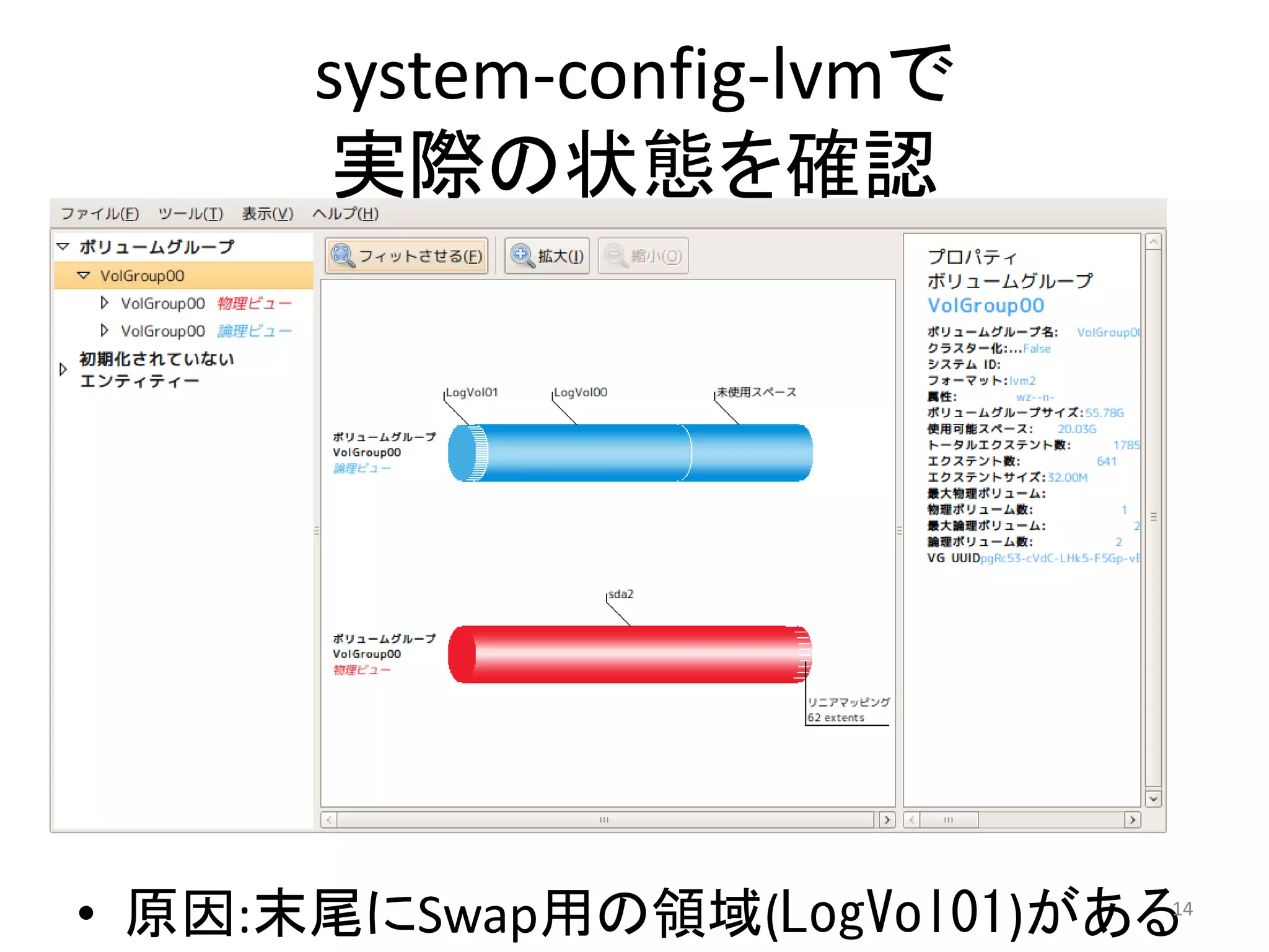 system-config-lvmで
       実際の状態を確認




• 原因:末尾にSwap用の領域(LogVol01)がある
                            14
 