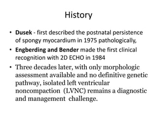 History
• Dusek - first described the postnatal persistence
of spongy myocardium in 1975 pathologically,
• Engberding and Bender made the first clinical
recognition with 2D ECHO in 1984
• Three decades later, with only morphologic
assessment available and no definitive genetic
pathway, isolated left ventricular
noncompaction (LVNC) remains a diagnostic
and management challenge.
 