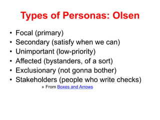 Types of Personas: Olsen
•  Focal (primary)
•  Secondary (satisfy when we can)
•  Unimportant (low-priority)
•  Affected (bystanders, of a sort)
•  Exclusionary (not gonna bother)
•  Stakeholders (people who write checks)
»  From Boxes and Arrows
 