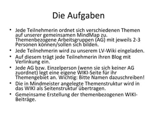 Die Aufgaben Jede Teilnehmerin ordnet sich verschiedenen Themen auf unserer gemeinsamen MindMap zu. Themenbezogene Arbeitsgruppen (AG) mit jeweils 2-3 Personen können/sollen sich bilden. Jede Teilnehmerin wird zu unserem LV-Wiki eingeladen. Auf diesem trägt jede Teilnehmerin ihren Blog mit Verlinkung ein. Jede AG bzw. Einzelperson (wenn sie sich keiner AG zuordnet) legt eine eigene WIKI-Seite für ihr Themengebiet an. Wichtig: Bitte Namen dazuschreiben! Die in Mindmeister angelegte Themenstruktur wird in das WIKI als Seitenstruktur übertragen. Gemeinsame Erstellung der themenbezogenen WIKI-Beiträge. 