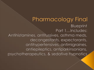 Pharmacology Final Blueprint Part 1…Includes: Antihistamines, antitussives, asthma meds, decongestants, expectorants, antihypertensives, antimigraines, antiepileptics, antiparkinsonians, psychotherapeutics, & sedative hypnotics 