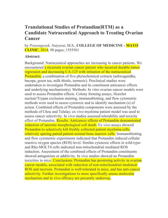 Mayo Clinic Translational Studies of Protandim as a Candidate