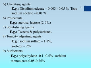 5) Chelating agents.
E.g.: Disodium edetate – 0.003 - 0.05 % Tetra
sodium edetate – 0.01 %
6) Protectants.
E.g.: sucrose, lactose (2-5%)
7) Solubilizing agents.
E.g.: Tweens & polysorbates.
8) Tonicity adjusting agents.
E.g.: sodium sulfate – 1.1%,
sorbitol – 2%
9) Surfactants.
E.g.: polyethylene- 0.1 -0.5% sorbitan
monooleate-0.05-0.25%
24
 