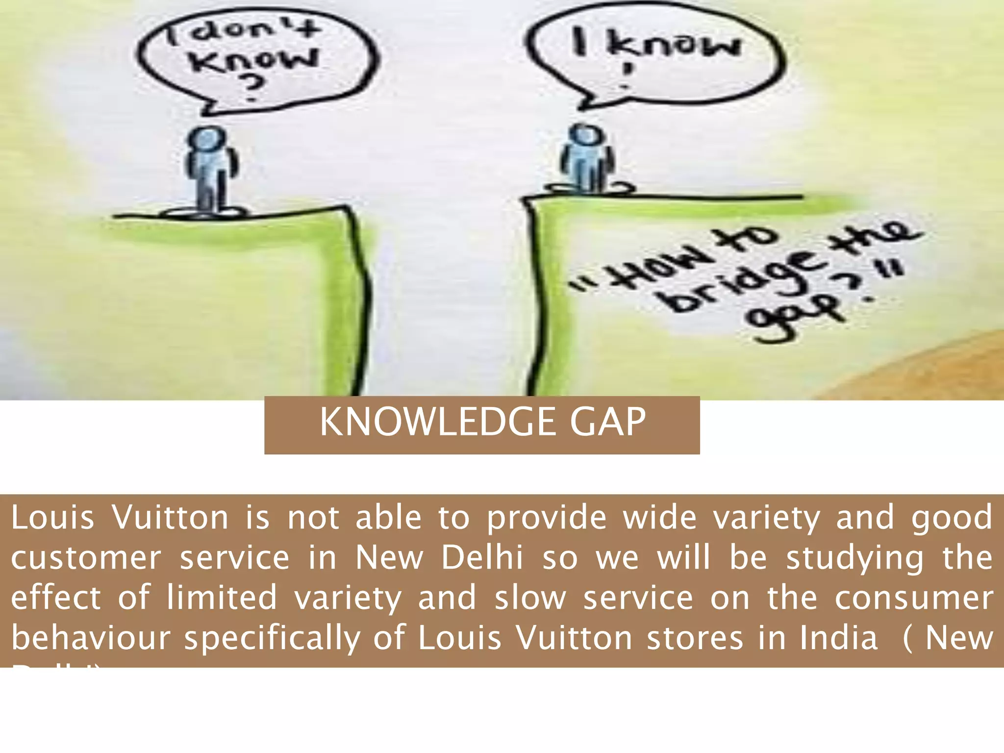 Louis Vuitton is not able to provide wide variety and good
customer service in New Delhi so we will be studying the
effect of limited variety and slow service on the consumer
behaviour specifically of Louis Vuitton stores in India ( New
Delhi).
KNOWLEDGE GAP
 