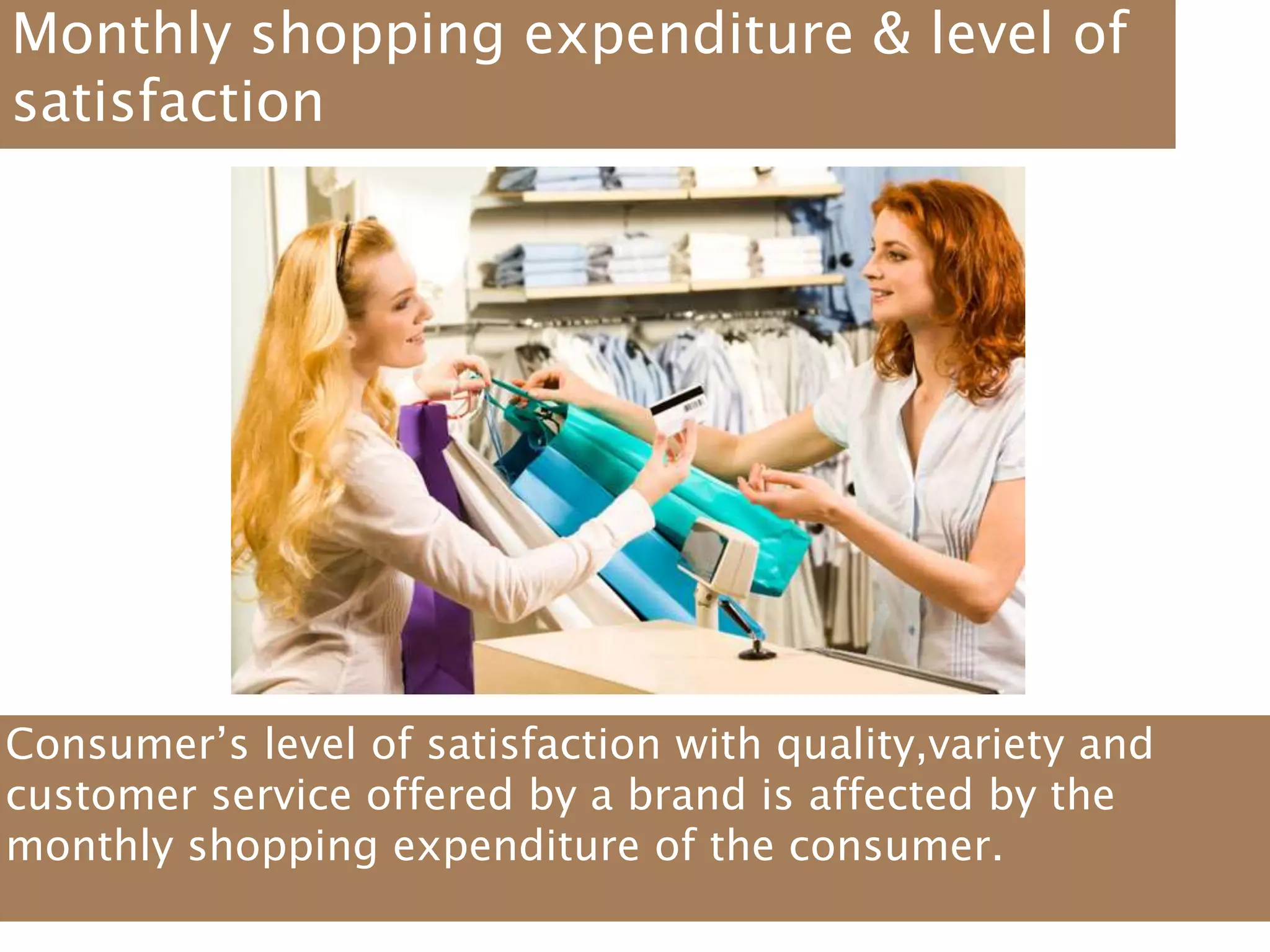 Monthly shopping expenditure & level of
satisfaction
Consumer’s level of satisfaction with quality,variety and
customer service offered by a brand is affected by the
monthly shopping expenditure of the consumer.
 