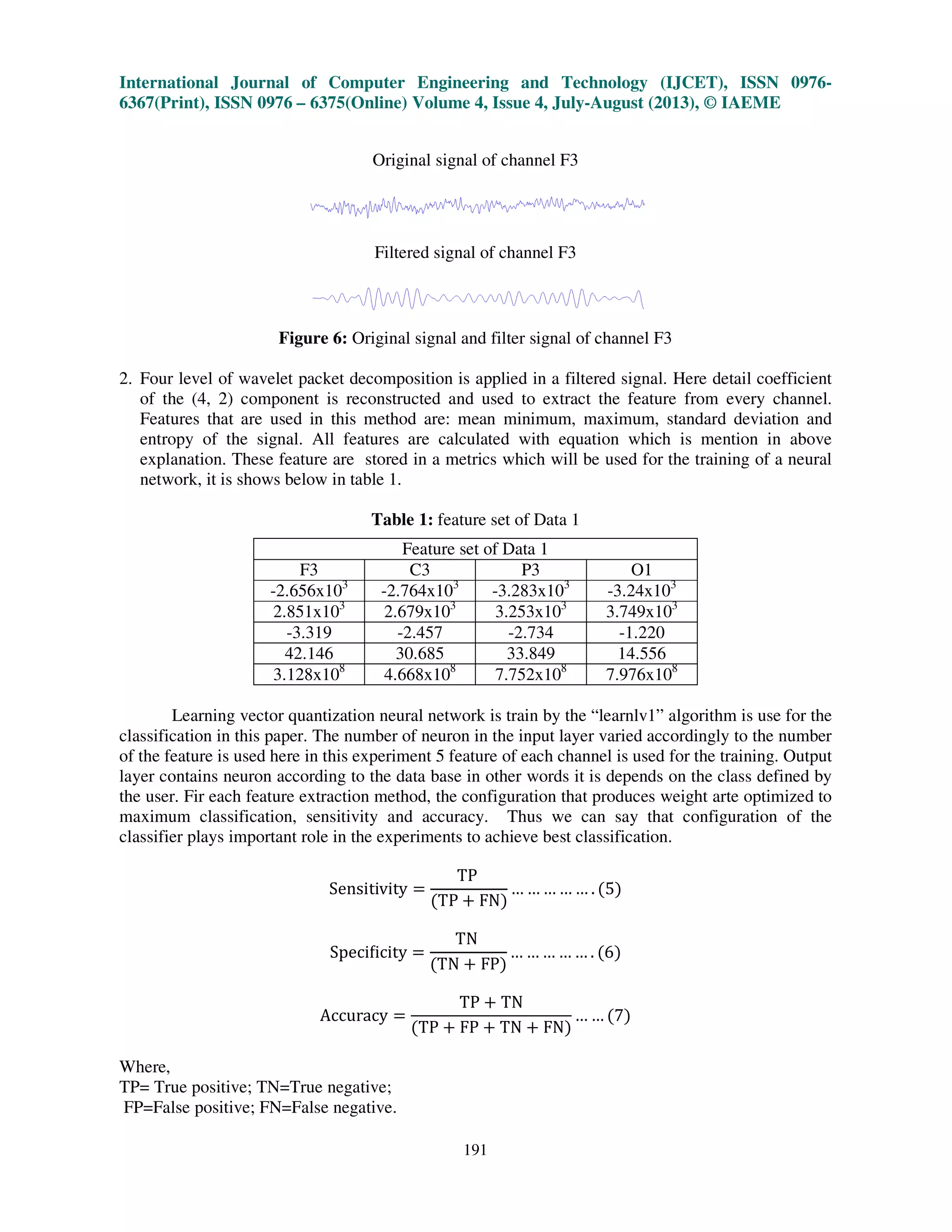 International Journal of Computer Engineering and Technology (IJCET), ISSN 0976-
6367(Print), ISSN 0976 – 6375(Online) Volume 4, Issue 4, July-August (2013), © IAEME
191
Original signal of channel F3
Filtered signal of channel F3
Figure 6: Original signal and filter signal of channel F3
2. Four level of wavelet packet decomposition is applied in a filtered signal. Here detail coefficient
of the (4, 2) component is reconstructed and used to extract the feature from every channel.
Features that are used in this method are: mean minimum, maximum, standard deviation and
entropy of the signal. All features are calculated with equation which is mention in above
explanation. These feature are stored in a metrics which will be used for the training of a neural
network, it is shows below in table 1.
Table 1: feature set of Data 1
Feature set of Data 1
F3 C3 P3 O1
-2.656x103
-2.764x103
-3.283x103
-3.24x103
2.851x103
2.679x103
3.253x103
3.749x103
-3.319 -2.457 -2.734 -1.220
42.146 30.685 33.849 14.556
3.128x108
4.668x108
7.752x108
7.976x108
Learning vector quantization neural network is train by the “learnlv1” algorithm is use for the
classification in this paper. The number of neuron in the input layer varied accordingly to the number
of the feature is used here in this experiment 5 feature of each channel is used for the training. Output
layer contains neuron according to the data base in other words it is depends on the class defined by
the user. Fir each feature extraction method, the configuration that produces weight arte optimized to
maximum classification, sensitivity and accuracy. Thus we can say that configuration of the
classifier plays important role in the experiments to achieve best classification.
Sensitivity ൌ
TP
ሺTP ൅ FNሻ
… … … … … . ሺ5ሻ
Speciϐicity ൌ
TN
ሺTN ൅ FPሻ
… … … … … . ሺ6ሻ
Accuracy ൌ
TP ൅ TN
ሺTP ൅ FP ൅ TN ൅ FNሻ
… … ሺ7ሻ
Where,
TP= True positive; TN=True negative;
FP=False positive; FN=False negative.
 