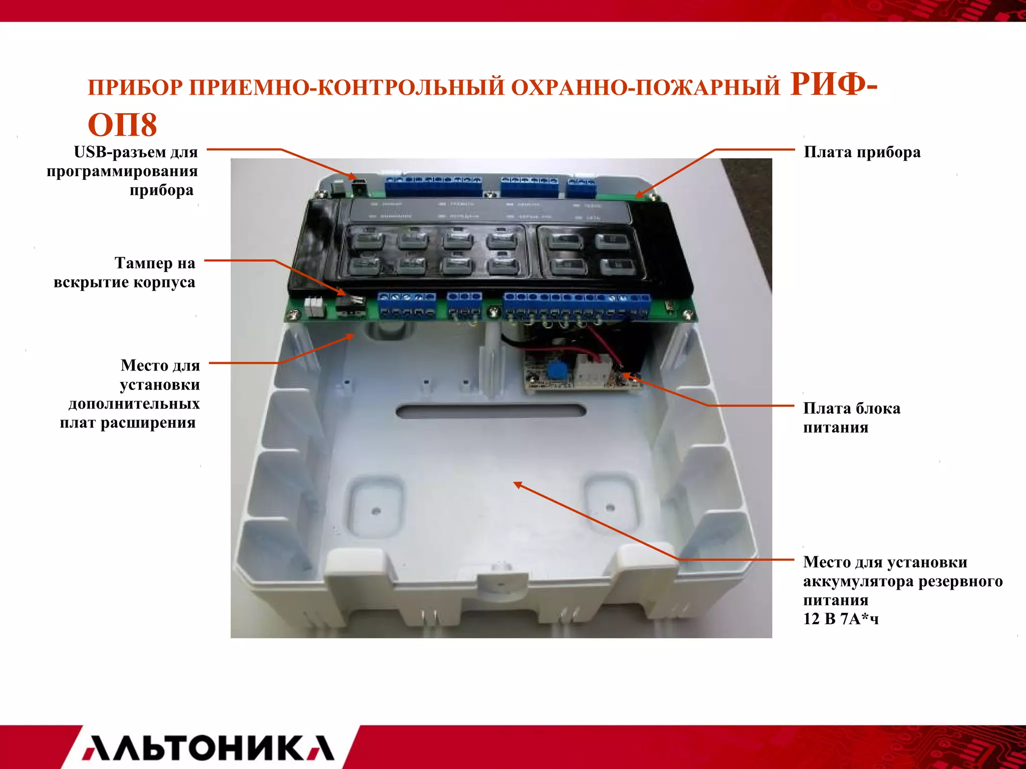 ПРИБОР ПРИЕМНО-КОНТРОЛЬНЫЙ ОХРАННО-ПОЖАРНЫЙ РИФ- 
ОП8 
Плата прибора 
Плата блока 
питания 
Место для установки 
аккумулятора резервного 
питания 
12 В 7А*ч 
USB-разъем для 
программирования 
прибора 
Тампер на 
вскрытие корпуса 
Место для 
установки 
дополнительных 
плат расширения 
 