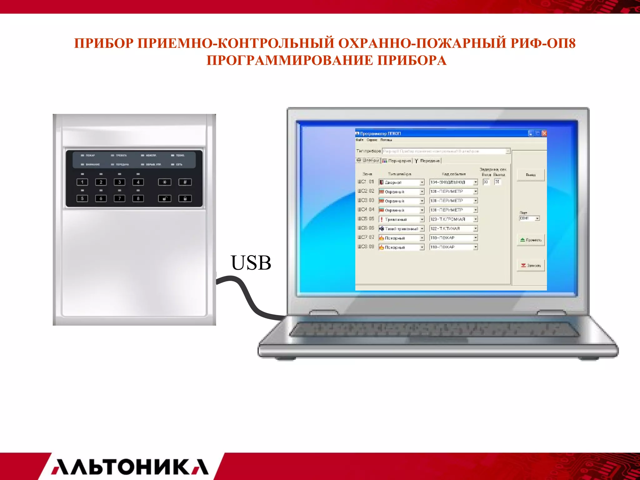ПРИБОР ПРИЕМНО-КОНТРОЛЬНЫЙ ОХРАННО-ПОЖАРНЫЙ РИФ-ОП8 
ПРОГРАММИРОВАНИЕ ПРИБОРА 
USB 
 