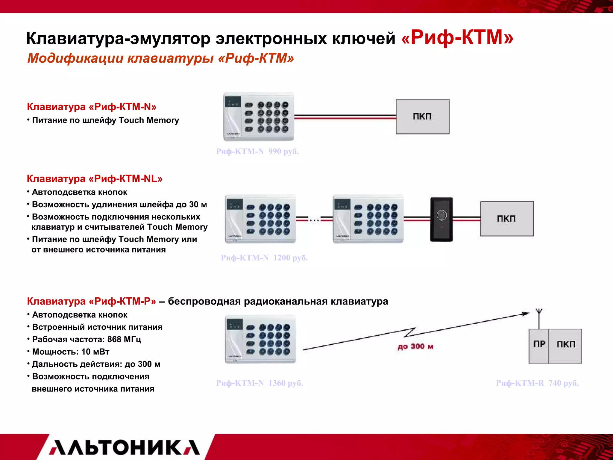 Клавиатура-эмулятор электронных ключей «Риф-КТМ» 
Модификации клавиатуры «Риф-КТМ» 
Клавиатура «Риф-КТМ-N» 
• Питание по шлейфу Touch Memory 
Клавиатура «Риф-КТМ-NL» 
• Автоподсветка кнопок 
• Возможность удлинения шлейфа до 30 м 
• Возможность подключения нескольких 
клавиатур и считывателей Touch Memory 
• Питание по шлейфу Touch Memory или 
от внешнего источника питания 
Риф-KTM-N 990 руб. 
Риф-KTM-N 1200 руб. 
Клавиатура «Риф-КТМ-Р» – беспроводная радиоканальная клавиатура 
• Автоподсветка кнопок 
• Встроенный источник питания 
• Рабочая частота: 868 МГц 
• Мощность: 10 мВт 
• Дальность действия: до 300 м 
• Возможность подключения 
внешнего источника питания 
Риф-KTM-N 1360 руб. Риф-KTM-R 740 руб. 
 