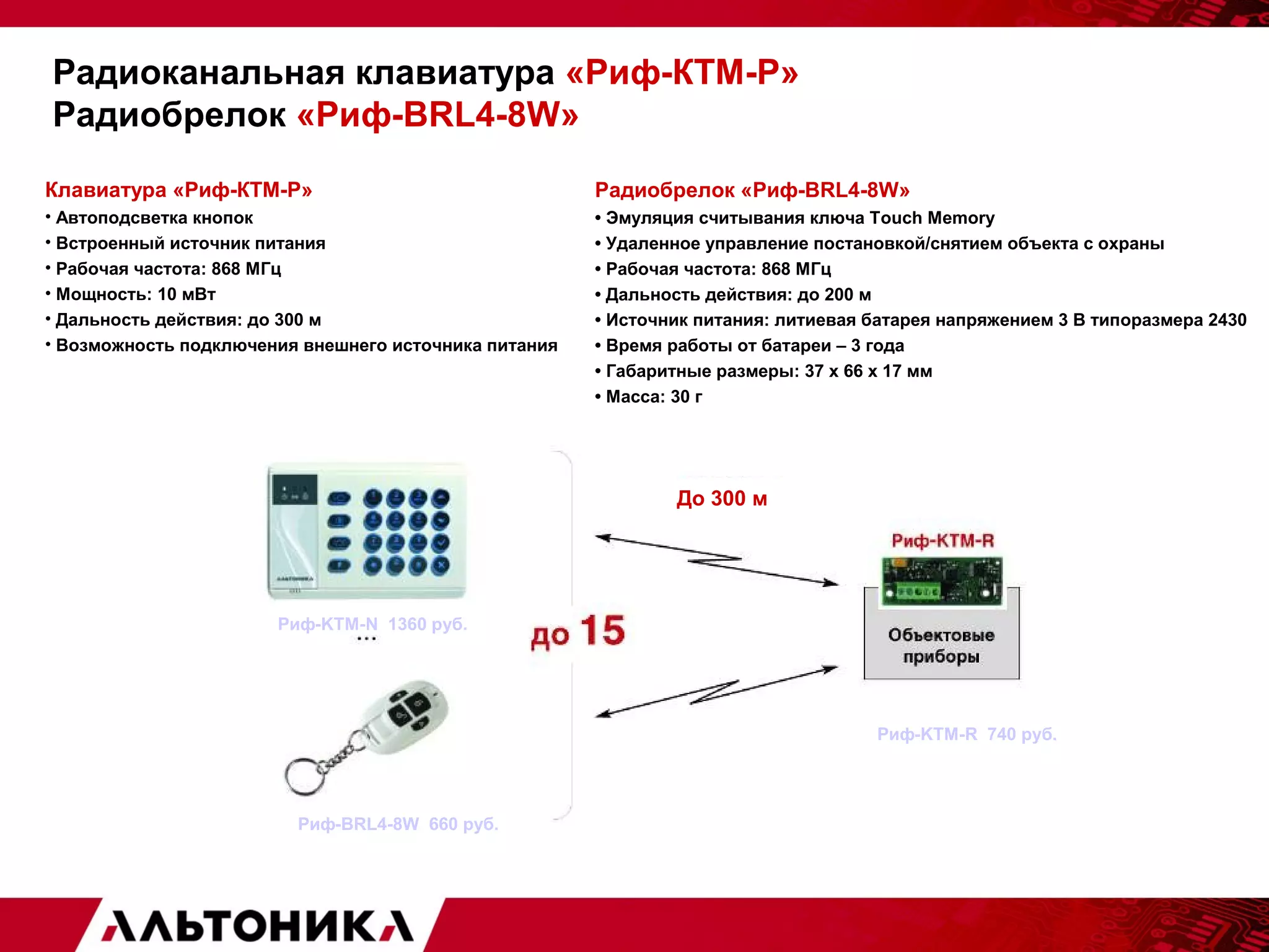 Радиоканальная клавиатура «Риф-КТМ-Р» 
Радиобрелок «Риф-BRL4-8W» 
Клавиатура «Риф-КТМ-Р» 
• Автоподсветка кнопок 
• Встроенный источник питания 
• Рабочая частота: 868 МГц 
• Мощность: 10 мВт 
• Дальность действия: до 300 м 
• Возможность подключения внешнего источника питания 
Радиобрелок «Риф-BRL4-8W» 
• Эмуляция считывания ключа Touch Memory 
• Удаленное управление постановкой/снятием объекта с охраны 
• Рабочая частота: 868 МГц 
• Дальность действия: до 200 м 
• Источник питания: литиевая батарея напряжением 3 В типоразмера 2430 
• Время работы от батареи – 3 года 
• Габаритные размеры: 37 х 66 х 17 мм 
• Масса: 30 г 
До 300 м 
Риф-KTM-N 1360 руб. 
Риф-KTM-R 740 руб. 
Риф-BRL4-8W 660 руб. 
 