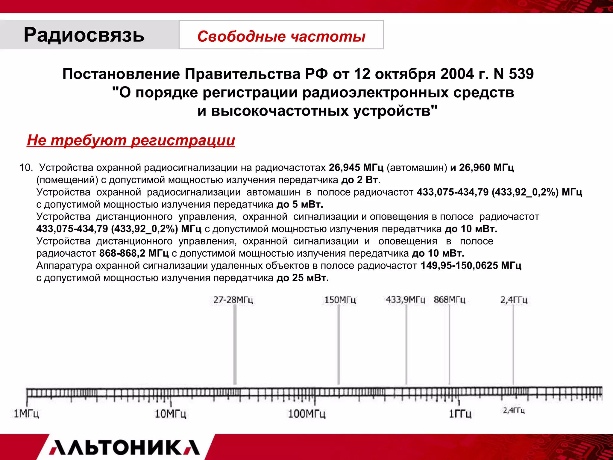 Радиосвязь Свободные частоты 
Постановление Правительства РФ от 12 октября 2004 г. N 539 
"О порядке регистрации радиоэлектронных средств 
и высокочастотных устройств" 
Не требуют регистрации 
10. Устройства охранной радиосигнализации на радиочастотах 26,945 МГц (автомашин) и 26,960 МГц 
(помещений) с допустимой мощностью излучения передатчика до 2 Вт. 
Устройства охранной радиосигнализации автомашин в полосе радиочастот 433,075-434,79 (433,92_0,2%) МГц 
с допустимой мощностью излучения передатчика до 5 мВт. 
Устройства дистанционного управления, охранной сигнализации и оповещения в полосе радиочастот 
433,075-434,79 (433,92_0,2%) МГц с допустимой мощностью излучения передатчика до 10 мВт. 
Устройства дистанционного управления, охранной сигнализации и оповещения в полосе 
радиочастот 868-868,2 МГц с допустимой мощностью излучения передатчика до 10 мВт. 
Аппаратура охранной сигнализации удаленных объектов в полосе радиочастот 149,95-150,0625 МГц 
с допустимой мощностью излучения передатчика до 25 мВт. 
 