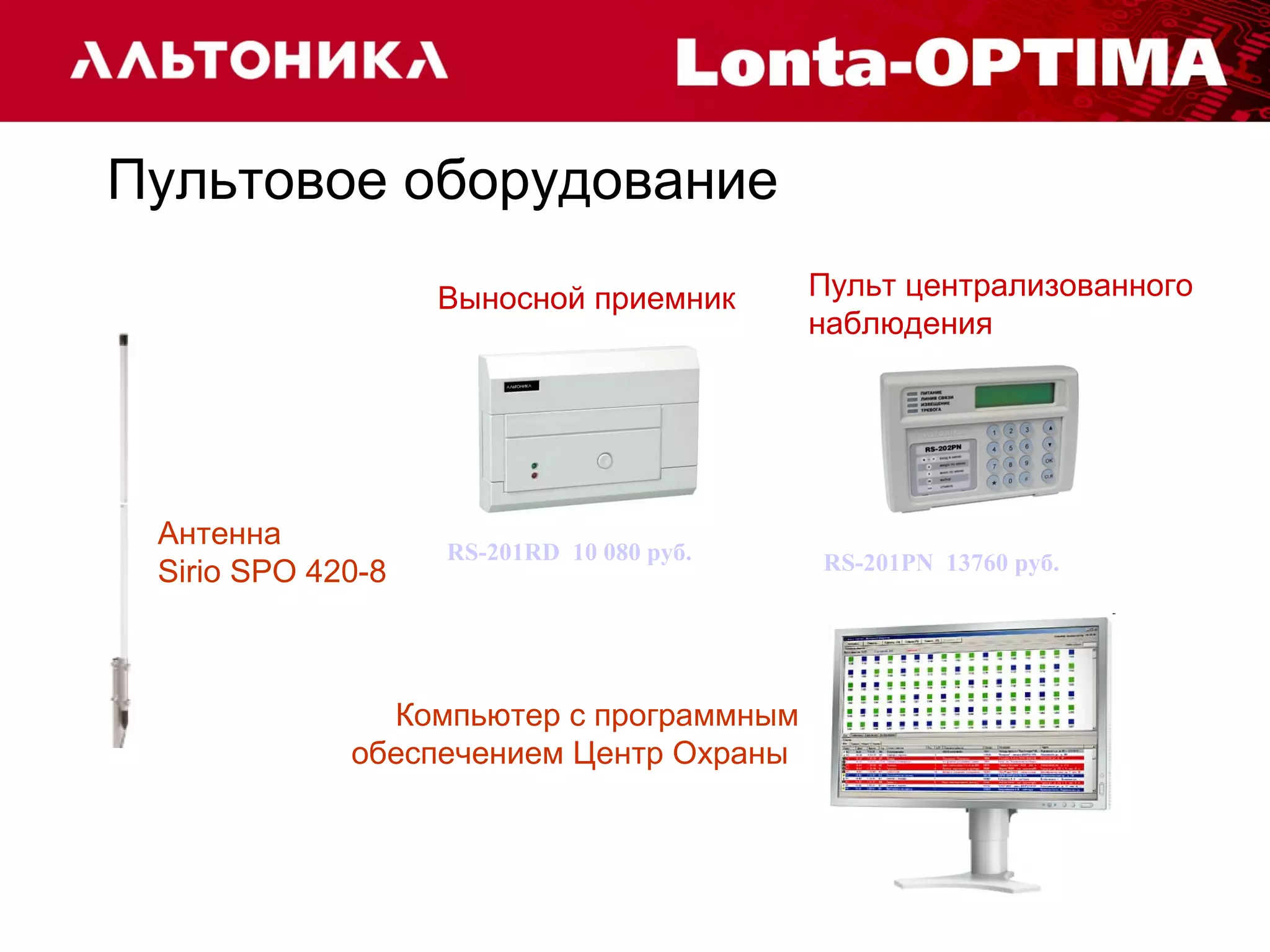 Пультовое оборудование 
Выносной приемник Пульт централизованного 
наблюдения 
Антенна 
Sirio SPO 420-8 
RS-201RD 10 080 руб. RS-201PN 13760 руб. 
Компьютер с программным 
обеспечением Центр Охраны 
 