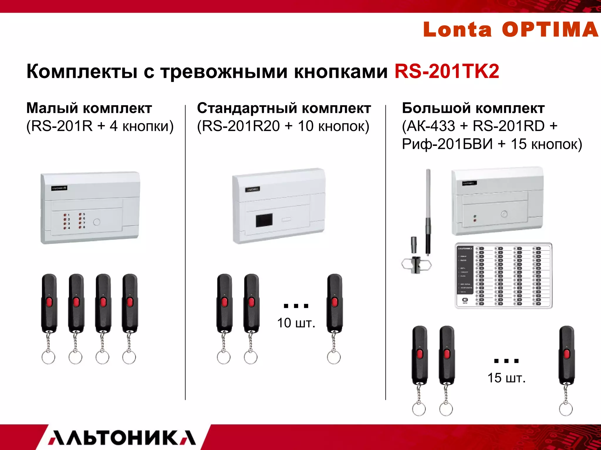 Lonta OPTIMA 
Комплекты с тревожными кнопками RS-201TK2 
Малый комплект 
(RS-201R + 4 кнопки) 
Стандартный комплект 
(RS-201R20 + 10 кнопок) 
Большой комплект 
(АК-433 + RS-201RD + 
Риф-201БВИ + 15 кнопок) 
… 
10 шт. 
… 
15 шт. 
 