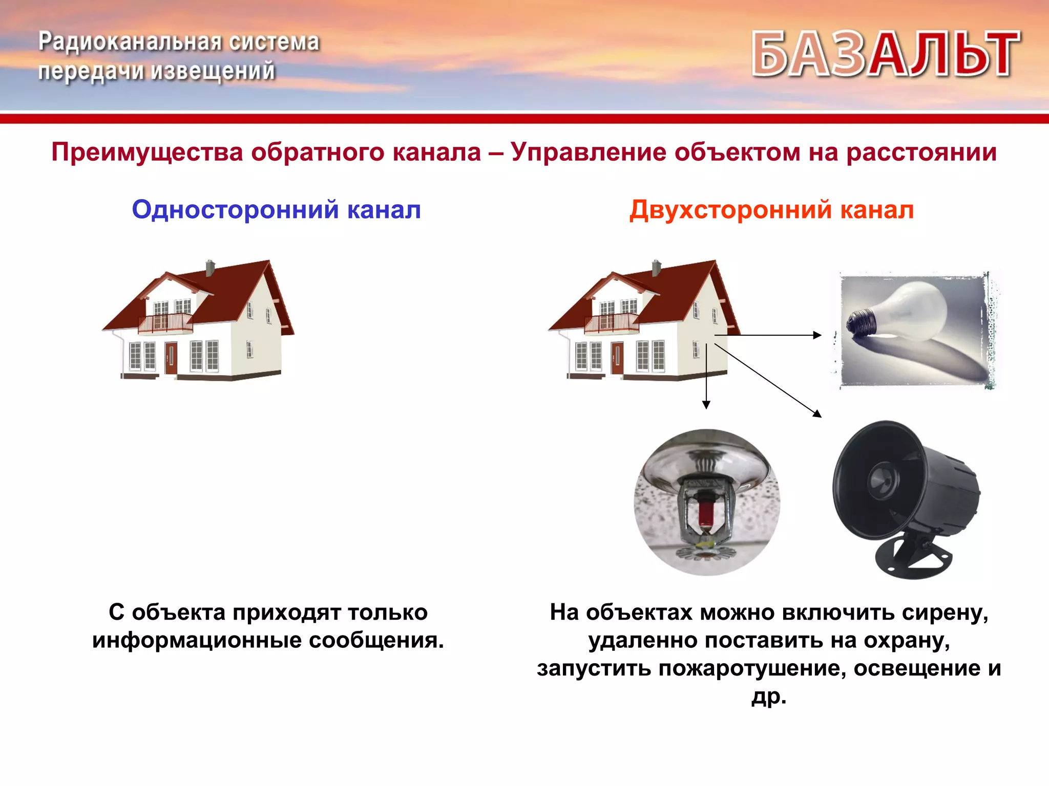 Преимущества обратного канала – Управление объектом на расстоянии 
Односторонний канал Двухсторонний канал 
С объекта приходят только 
информационные сообщения. 
На объектах можно включить сирену, 
удаленно поставить на охрану, 
запустить пожаротушение, освещение и 
др. 
 
