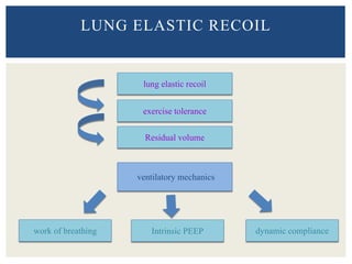 LUNG ELASTIC RECOIL
lung elastic recoil
dynamic complianceIntrinsic PEEPwork of breathing
Residual volume
exercise tolerance
ventilatory mechanics
 