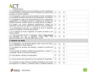 2
1.5- O empregador avalia os riscos de exposição ao ruído considerando
os efeitos indirectos resultantes da sua de interação c/ os sinais sonoros
presentes no local de trabalho?
1.6 -O empregador avalia os riscos de exposição ao ruído considerando
as informações prestadas pelo fabricante do equipamento de trabalho?
1.7 O empregador avalia os riscos de exposição ao ruído considerandoo
prolongamento da exposição durante a realização de períodos de
trabalho superiores ao limite máximo do período normal de trabalho?
1.8 Sempre que houver alterações signifificativas (criação ou
modificação dos postos de trabalho a avaliação de riscos é atualizada?
1.9 A periodicidade anual para a a avaliação de riscos é respeitada
quando se ultrapassa o nível de ação superior?
1.10 A avaliação de riscos é registada em suporte de papel ou em
formato digital?
1.11 Após autorização da ACT, o empregador utiliza a média semanal
nas atividades em que a exposição sonora diária varia
significativamente de um dia de trabalho para o outro?
2- MEDIÇÃO DO RUÍDO
2.1- O empregador, nas atividades ruidosas, mede os níveis de ruído a
que os trabalhadores estão expostos?
2.2-A avaliação do resultado das medições, considera a incerteza da
medição?
2.3-Os sistemas de medição utilizados são apropriados e cumprem c/
a legislação relativa ao controlo metrológico?
2.4- São utilizados métodos de amostragem?
2.5- Esses métodos são representativos da exposição do trabalhador?
2.6- A medição do ruído é feita por entidade acreditada ou por técnico
de Segurança no Trabalho c/ certificado válido e formação específica
 