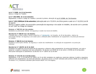 5
Lei nº 7/2009, de 12 de fevereiro
Aprova o Código do Trabalho
Lei nº 105/2009, de 14 de setembro
Regulamenta e altera o Código do Trabalho e procede à primeira alteração da Lei nº 4/2008, de 7 de fevereiro
Lei n.º 102/2009,de 10 de setembro (alteração pela Lei n.º3/2014, de 28 de janeiro e pela Lei n.º 42/2012, de 28
de agosto
Aprova o regime jurídico da promoção e prevenção da segurança e da saúde no trabalho, de acordo com o previsto
no artº 284º do código do trabalho.
Portaria n.º 987/93 de 6 de outubro
Estabelece as prescrições mínimas de segurança e saúde nos locais de trabalho.
Decreto-lei nº 348/93 de 1 de Outubro
Transpõe para a ordem jurídica interna a Directiva n.º 89/656/CEE, do Conselho, de 30 de Novembro, relativa às
prescrições mínimas de segurança e de saúde para a utilização pelos trabalhadores de equipamento de protecção individual
no trabalho
Portaria nº 988/93 de 6 de Outubro
Estabele as prescrições mínimas de segurança e saúde dos trabalhadores na utilização de equipamento de protecção
individual
Decreto-Lei nº 128/93 de 22 de Abril
Estabelece as exigências técnicas essenciais de segurança a observar pelos equipamentos de protecção Individual com vista a
preservar a saúde e a segurança dos seus utilizadores. Os decreto-Lei 139/95 de 14 de Junho e 374/98 de 24 de Novembro
efectuaram alterações ou aditamentos ao Decreto-Lei nº 128/93 de 22 de Abril
Portaria nº 1131/93 de 4 de Novembro
Regulamenta o art. 2º do Decreto-lei 128/93 de 22 de Abril estabelece as exigências essenciais relativas à saúde e segurança
aplicáveis aos equipamentos de protecção individual. Os anexos I,II,IV e V foram alterados pela portaria 109/96 de 10 de Abril e
os anexos I e V, novamente alterados pela Portaria 695/97 de 19 de Agosto.
 