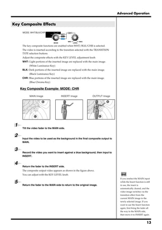 Advanced Operation


Key Composite Effects
     fig.15

         MODE: WHT/BLK/CHR




         The key composite functions are enabled when WHT/BLK/CHR is selected.
         The video is inserted according to the transition selected with the TRANSITION
         TYPE selection buttons.
         Adjust the composite effects with the KEY LEVEL adjustment knob.
         WHT: Light portions of the inserted image are replaced with the main image.
                (White Luminance Key)
         BLK: Dark portions of the inserted image are replaced with the main image.
                (Black Luminance Key)
         CHR: Blue portions of the inserted image are replaced with the main image.
                (Blue Chroma Key)

     Key Composite Example: MODE: CHR
     fig.16.e

                MAIN Image                 INSERT Image                 OUTPUT Image




 1
         Tilt the video fader to the MAIN side.


 2       Input the video to be used as the background in the final composite output to
         MAIN.


 3
         Record the video you want to insert against a blue background, then input to
         INSERT.


 4       Return the fader to the INSERT side.
         The composite output video appears as shown in the figure above.
         You can adjust with the KEY LEVEL knob.
                                                                                           If you reselect the MAIN input
 5                                                                                         while the Insert function is still
         Return the fader to the MAIN side to return to the original image.                in use, the insert is
                                                                                           automatically cleared, and the
                                                                                           video image switches via the
                                                                                           transition effect from the
                                                                                           current MAIN image to the
                                                                                           newly selected image. If you
                                                                                           want to use the Insert function
                                                                                           again, first bring the fader all
                                                                                           the way to the MAIN side,
                                                                                           then move it to INSERT again.


                                                                                                                         13
 