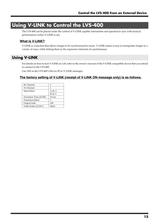 Control the LVS-400 from an External Device



Using V-LINK to Control the LVS-400
    The LVS-400 can be placed under the control of V-LINK capable instruments and operated in sync with musical
    performances (when V-LINK is on).

   What is V-LINK?
    V-LINK is a function that allows images to be synchronized to music. V-LINK makes it easy to manipulate images in a
    variety of ways, while linking them to the expressive elements of a performance.


Using V-LINK
    For details on how to turn V-LINK on/off, refer to the owner’s manual of the V-LINK compatible device that you intend
    to connect to the LVS-400.
    Use 10H as the LVS-400’s Device ID in V-LINK messages.

   The factory setting of V-LINK (receipt of V-LINK ON message only) is as follows.

     Rx Channel               1
     Tx Channel               1
     Input Select             A ch: 1
                              B ch: 2
     Transition Time (CC#5)   0.0 sec
     Transition Select        1
     Output Fade              Off
     Video Fader (CC#11)      Main




                                                                                                                     15
 