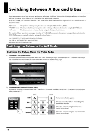 Switching Between A Bus and B Bus
        Input sources are selected and switched between the A Bus and the B Bus. The unit has eight input selectors for each Bus,
        and you choose the input video for each bus before you perform the transition.
        With the LVS-800, you can switch between A Bus and B Bus in three different modes. Operation of each of these modes is
        described below.

        •A/B mode           This performs switching using the video fader or the [AUTO] button for A/B MIX.
        •PGM-PST mode       This lets you check the preview picture before switching and perform the transition using the [AUTO] button.
        •LVS mode           This lets you perform switching directly, using only the input selector buttons.

        The results of these operations are output from the A/B MIX OUT connectors. If you want to output the results from the
        PGM OUT connectors as well, make the settings described below.

        •At [PGM OUTPUT FADE], switch off the [AUTO] button.
        •At DSK, for [BACKGROUND], select [A/B MIX].
        •Switch off the [AUTO] button for DSK.


 Switching the Picture in the A/B Mode

 Switching the Picture Using the Video Fader
1.      Choose the A Bus and B Bus video.
        Select the channels of the video input to A Bus and B Bus. Selecting an input channel makes the LED for the button light
        up. For information about what the color of the LED means, see the following page.
fig.AB-source-select.eps




2.      Choose the type of transition (transition effect).
        If you want to apply a transition effect, use a [TRANSITION] button to choose [MIX], [WIPE1], or [WIPE2]. To apply no
        effect, choose [CUT].
fig.select-transition.eps
                                                   Start                        Finish

                                        CUT        A                              B         No transition effect is applied.


                                        MIX        A              A
                                                                  B               B         The pictures on A and B are blended together
                                                                                            as they are switched.


                                     WIPE1         A              A
                                                                  B               B         The video switches using horizontal wipe.
                                                                                            (factory default setup)


                                     WIPE2         A              A
                                                                  B               B         The video switches using box wipe from center
                                                                                            (factory default setup)




16
 
