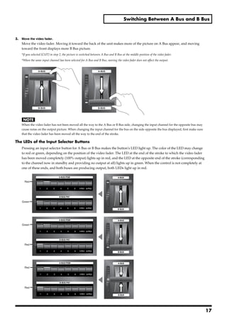 Switching Between A Bus and B Bus



3.     Move the video fader.
       Move the video fader. Moving it toward the back of the unit makes more of the picture on A Bus appear, and moving
       toward the front displays more B Bus picture.
       *If you selected [CUT] in step 2, the picture is switched between A Bus and B Bus at the middle position of the video fader.
       *When the same input channel has been selected for A Bus and B Bus, moving the video fader does not affect the output.
fig.move-Tbar.eps




       When the video fader has not been moved all the way to the A Bus or B Bus side, changing the input channel for the opposite bus may
       cause noise on the output picture. When changing the input channel for the bus on the side opposite the bus displayed, first make sure
       that the video fader has been moved all the way to the end of the stroke.

The LEDs of the Input Selector Buttons
       Pressing an input selector button for A Bus or B Bus makes the button’s LED light up. The color of the LED may change
       to red or green, depending on the position of the video fader. The LED at the end of the stroke to which the video fader
       has been moved completely (100% output) lights up in red, and the LED at the opposite end of the stroke (corresponding
       to the channel now in standby and providing no output at all) lights up in green. When the control is not completely at
       one of these ends, and both buses are producing output, both LEDs light up in red.


          Red




       Green




       Green




          Red




          Red




          Red




                                                                                                                                                17
 