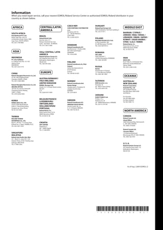 Information
When you need repair service, call your nearest EDIROL/Roland Service Center or authorized EDIROL/Roland distributor in your
country as shown below.


                                                                          CZECH REP.                      HUNGARY
 AFRICA                                 CENTRAL/LATIN                     CZECH REPUBLIC DISTRIBUTOR      Roland East Europe Ltd.                         MIDDLE EAST
                                        AMERICA                           s.r.o
                                                                          Voctárova 247/16
                                                                                                          2045 Torokbalint, FSD Park, building 3.
                                                                                                          TEL: (23) 511011
SOUTH AFRICA                                                              CZ - 180 00 PRAHA 8,
                                                                                                                                                        BAHRAIN / CYPRUS /
Paul Bothner(PTY) Ltd.                                                    CZECH REP.                                                                    JORDAN / IRAQ / ISRAEL /
                                       BRAZIL
Royal Cape Park, Unit 24
                                       Roland Brasil Ltda.
                                                                          TEL: (2) 830 20270
                                                                                                          POLAND                                        LEBANON / OMAN / QATAR /
Londonderry Road, Ottery 7800                                                                                                                           KUWAIT / SAUDI ARABIA /
                                       Rua San Jose, 211                                                  ROLAND POLSKA SP. Z O.O.
Cape Town, SOUTH AFRICA
TEL: (021) 799 4900
                                       Parque Industrial San Jose                                         ul. Kty Grodziskie 16B                        SYRIA / U.A.E / YEMEN
                                       Cotia - Sao Paulo - SP, BRAZIL                                     03-289 Warszawa, POLAND                       Roland Iberia, S.L.
                                       TEL: (011) 4615 5666               DENMARK                         TEL: (022) 6678 9512                          Paseo García Faria, 33-35
                                                                          Roland Scandinavia A/S                                                        08005 Barcelona SPAIN
                                                                          Nordhavnsvej 7, Postbox 880,                                                  TEL: 93 493 91 00
                                                                          DK-2100 Copenhagen
  ASIA                                 Other CENTRAL/ LATIN               DENMARK                         ROMANIA
                                       AMERICA                            TEL: 3916 6200                  FBS LINES
                                       Roland Systems Group U.S.                                          Piata Libertatii 1,
INDONESIA                              425 Sequoia Drive Suite 114,                                       535500 Gheorgheni, ROMANIA                    IRAN
PT. Citra IntiRama                     Bellingham, Washington,                                            TEL: (266) 364 609                            MOCO INC.
JL. Cideng Timur No. 15J-15O           98226 USA                          FINLAND                                                                       No.41 Nike St., Dr.Shariyati Ave.,
Jakarta Pusat                          TEL: 360-594-4282                                                                                                Roberoye Cerahe Mirdamad
                                                                          Roland Scandinavia As, Filial
INDONESIA                                                                                                                                               Tehran, IRAN
TEL: (021) 632-4170                                                       Finland                         RUSSIA                                        TEL: (021)-2285-4169
                                                                          Vanha Nurmijarventie 62
                                                                                                          MuTek
                                                                          01670 Vantaa
                                                                                                          Dorozhnaya ul.3,korp.6
                                                                          Finland
CHINA                                    EUROPE                           TEL: (0)9 68 24 020
                                                                                                          117 545 Moscow, RUSSIA
                                                                                                          TEL: (095) 981-4967
Roland Shanghai Electronics Co.,Ltd.
5F. No.1500 Pingliang Road
                                                                                                                                                         OCEANIA
Shanghai 200090, CHINA                 AUSTRIA/GERMANY/
TEL: (021) 5580-0800                   ITALY/IRELAND/                     NORWAY                          SLOVAKIA                                      AUSTRALIA/
                                       UNITED KINGDOM                     Roland Scandinavia Avd.         DAN Acoustic s.r.o.                           NEW ZEALAND
Roland Shanghai Electronics Co.,Ltd.   EDIROL (Europe) Ltd.               Kontor Norge                    Povazská 18.
                                                                                                                                                        Roland Corporation
(BEIJING OFFICE)                       Studio 3.4 114 Power Road London   Lilleakerveien 2 Postboks 95    SK - 940 01 Nové Zámky
                                                                                                          TEL: (035) 6424 330                           Australia Pty., Ltd.
10F. No.18 3 Section Anhuaxili         W4 5PY                             Lilleaker N-0216 Oslo                                                         38 Campbell Avenue
Chaoyang District Beijing              U. K.                              NORWAY                                                                        Dee Why West, NSW 2099
100011 CHINA                           TEL: (0)20 8747 5949               TEL: 2273 0074                                                                AUSTRALIA
TEL: (010) 6426-5050
                                                                                                          UKRAINE
                                                                                                          EURHYTHMICS Ltd.                              For Australia
                                                                                                                                                        Tel: (02) 9982 8266
                                       BELGIUM/FRANCE/                                                    P.O.Box: 37-a.
KOREA                                                                     SWEDEN                          Nedecey Str. 30                               For New Zealand
                                       LUXEMBOURG/                        Roland Scandinavia A/S          UA - 89600 Mukachevo, UKRAINE                 Tel: (09) 3098 715
KOREA AVICS CO., LTD.
Unit B-2208, Woolimblue9,              SWITZERLAND/                       SWEDISH SALES OFFICE            TEL: (03131) 414-40
#240-21, Yeomchang-dong,               HOLLAND/SPAIN/                     Danvik Center 28, 2 tr.
Gangseo-gu, Seoul, Korea               PORTUGAL                           S-131 30 Nacka SWEDEN
Tel: 02-322-3264                                                          TEL: (0)8 702 00 20
                                       Roland Iberia, S.L.
                                       Paseo García Faria, 33-35
                                                                                                                                                          NORTH AMERICA
                                       08005 Barcelona SPAIN
TAIWAN                                 TEL: 93 493 91 00                                                                                                CANADA
ROLAND TAIWAN                                                                                                                                           Roland Canada Ltd.
ENTERPRISE CO., LTD.                                                                                                                                    (Head Office)
Room 5, 9fl. No. 112 Chung Shan        CROATIA                                                                                                          5480 Parkwood Way, Richmond B.
N.Road Sec.2, Taipei, TAIWAN, R.O.C.                                                                                                                    C., V6V 2M4 CANADA
                                       ART-CENTAR
TEL: (02) 2561 3339                                                                                                                                     TEL: (604) 270 6626
                                       Degenova 3.
                                       HR - 10000 Zagreb
                                       TEL: (1) 466 8493                                                                                                Roland Canada Ltd.
                                                                                                                                                        (Toronto Office)
SINGAPORE/                                                                                                                                              170 Admiral Boulevard
MALAYSIA                                                                                                                                                Mississauga ON L5T 2N6 CANADA
Roland Asia Pacific Sdn. Bhd.                                                                                                                           TEL: (905) 362 9707
45-1, Block C2, Jalan PJU 1/39,
Dataran Prima, 47301 Petaling Jaya,
Selangor, MALAYSIA
TEL: 3-7805-3263
                                                                                                                                                        U. S. A.
                                                                                                                                                        Roland Systems Group U.S.
                                                                                                                                                        425 Sequoia Drive Suite 114,
                                                                                                                                                        Bellingham, Washington,
                                                                                                                                                        98226 USA




                                                                                                                                                                As of Aug.1,2009 (EDIROL-2)




                                                                                                             *     5    1     0     0     0     0   9       7      0     0     -    0        2   *
 