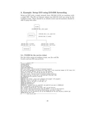 5. Example: Setup LVS using LVS-DR forwarding
Setup an LVS with a single network (here 192.168.1.0/24) on machines with
a single NIC. The IPs on ethernet aliases (eg eth0:110, lo:0) are setup by the
conﬁgure script. There should be no default routes and all machines should be
able to ping each other.

                           ________
                         |         |
                         | client |
                         |________|
                     CIP=SGW=192.168.1.254 (eth0)
                              |
                              |
               __________     |
             |           |    |   (VIP=192.168.1.110, eth0:110)
             | director |---|
             |__________|     |   DIP=192.168.1.9 (eth0)
                              |
                              |
           -----------------------------------
           |                                   |
           |                                   |
 RIP=192.168.1.11(eth0)                RIP=192.168.1.12(eth0)
(VIP=192.168.1.110, lo:0)             (VIP=192.168.1.110, lo:0)
     ____________                         ____________
   |              |                      |            |
   | realserver |                        | realserver |
   |____________|                        |____________|



5.1. VS-DR for the service telnet
For the v0.9.x series of conﬁgure script, use the conf ﬁle
lvs drt.conf.one NIC one network

#----------lvs_dr.conf----------------------------------------
LVSCONF_FORMAT=1.1
LVS_TYPE=VS_DR
INITIAL_STATE=on
CLEAR_IPVS_TABLES=yes
#VIP line format - device[:alias] IP netmask broadcast
#To help avoid namespace collisions with other VIPs, I set alias=last number of VIP (here 110).
#note: for LVS-DR, LVS-Tun, the IP is in a /32 network
VIP=eth0:110 192.168.1.110 255.255.255.255 192.168.1.110
#DIP line format - device[:alias] IP network netmask broadcast
DIP=eth0:9 192.168.1.9 192.168.1.0 255.255.255.0 192.168.1.255
#no DIRECTOR_GW for LVS-DR or LVS-Tun
#DIRECTOR_GW=
#SERVICE line format - proto port scheduler IP[,weight] [IP[,weight]]
SERVICE=t telnet rr 192.168.1.11 192.168.1.12
#SERVICE=t http rr 192.168.1.11 192.168.1.12
SERVER_VIP_DEVICE=lo:110
SERVER_NET_DEVICE=eth0
#SERVER_GW - packets with src_addr=VIP, dst_addr=0/0 are sent to SERVER_GW
#to be forwarded to the outside world.
#For standard LVS-DR,VS-Tun, this must _NOT_ be the director.
#For Julian’s martian modification (see the HOWTO), it will be the director.
#If you don’t know about the martian modification, you aren’t using it.
#The script will not neccesarily set up the SERVER_GW as the real-servers’s default gw.
SERVER_GW=192.168.1.254
#----------end lvs_dr.conf------------------------------------




                                               49
 