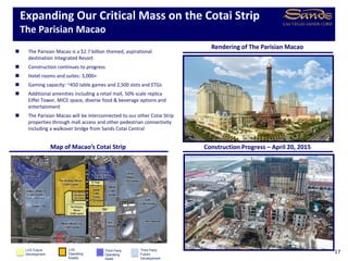 Expanding Our Critical Mass on the Cotai Strip
The Parisian Macao
17LVS
Operating
Assets
Third Party
Operating
Asset
Third Party
Future
Development
Construction Progress – April 20, 2015Map of Macao’s Cotai Strip
 The Parisian Macao is a $2.7 billion themed, aspirational
destination Integrated Resort
 Construction continues to progress
 Hotel rooms and suites: 3,000+
 Gaming capacity: ~450 table games and 2,500 slots and ETGs
 Additional amenities including a retail mall, 50% scale replica
Eiffel Tower, MICE space, diverse food & beverage options and
entertainment
 The Parisian Macao will be interconnected to our other Cotai Strip
properties through mall access and other pedestrian connectivity
including a walkover bridge from Sands Cotai Central
Rendering of The Parisian Macao
LVS Future
Development
 