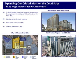 Expanding Our Critical Mass on the Cotai Strip
The St. Regis Tower at Sands Cotai Central
18
Construction Progress – April 20, 2015Map of Macao’s Cotai Strip
 St. Regis branded 5-star hotel and serviced apartments
to complement the existing portfolio of brands on the
Cotai Strip
 Construction continues to progress
 Hotel rooms and suites: ~400
 Serviced Apartments: ~300
Rendering of The St. Regis Tower
LVS
Operating
Assets
Third Party
Operating
Asset
Third Party
Future
Development
LVS Future
Development
 