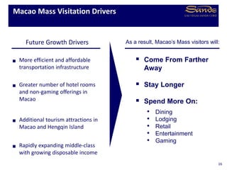 Macao Mass Visitation Drivers
Future Growth Drivers
 More efficient and affordable
transportation infrastructure
 Greater number of hotel rooms
and non-gaming offerings in
Macao
 Additional tourism attractions in
Macao and Hengqin Island
 Rapidly expanding middle-class
with growing disposable income
16
As a result, Macao’s Mass visitors will:
 Come From Farther
Away
 Stay Longer
 Spend More On:
• Dining
• Lodging
• Retail
• Entertainment
• Gaming
 