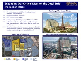 Expanding Our Critical Mass on the Cotai Strip
The Parisian Macao
17LVS
Operating
Assets
Third Party
Operating
Asset
Third Party
Future
Development
Construction Progress – October 19, 2015Map of Macao’s Cotai Strip
 The Parisian Macao is a $2.7 billion themed, aspirational
destination Integrated Resort
 Construction continues to progress
 Hotel rooms and suites: 3,000+
 Gaming capacity: ~450 table games and 2,500 slots and ETGs
 Additional amenities including a retail mall, 50% scale replica
Eiffel Tower, MICE space, diverse food & beverage options and
entertainment
 The Parisian Macao will be interconnected to our other Cotai Strip
properties through mall access and other pedestrian connectivity
including a walkover bridge from Sands Cotai Central
Rendering of The Parisian Macao
LVS Future
Development
 