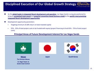 South Korea
Principal Areas of Future Development Interest for Las Vegas Sands
Japan
 As the global leader in Integrated Resort development and operation, Las Vegas Sands is uniquely positioned to
bring its unmatched track record and powerful convention-based business model to the world’s most promising
Integrated Resort development opportunities
 Development opportunity parameters:
— Targeting minimum of 20% return on total invested capital
— 25% - 35% of total project costs to be funded with equity (project financing to fund 65% - 75% of total project
costs)
Disciplined Execution of Our Global Growth Strategy
25
Macao
The Parisian Macao
St. Regis Tower at
Sands Cotai Central
 